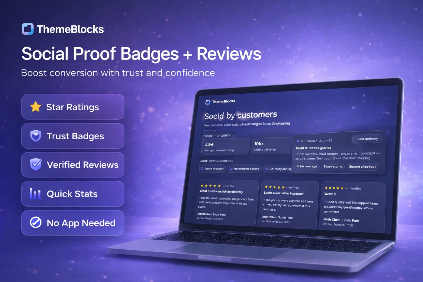 ThemeBlocks – Social Proof Badges + Reviews (CRO Section)