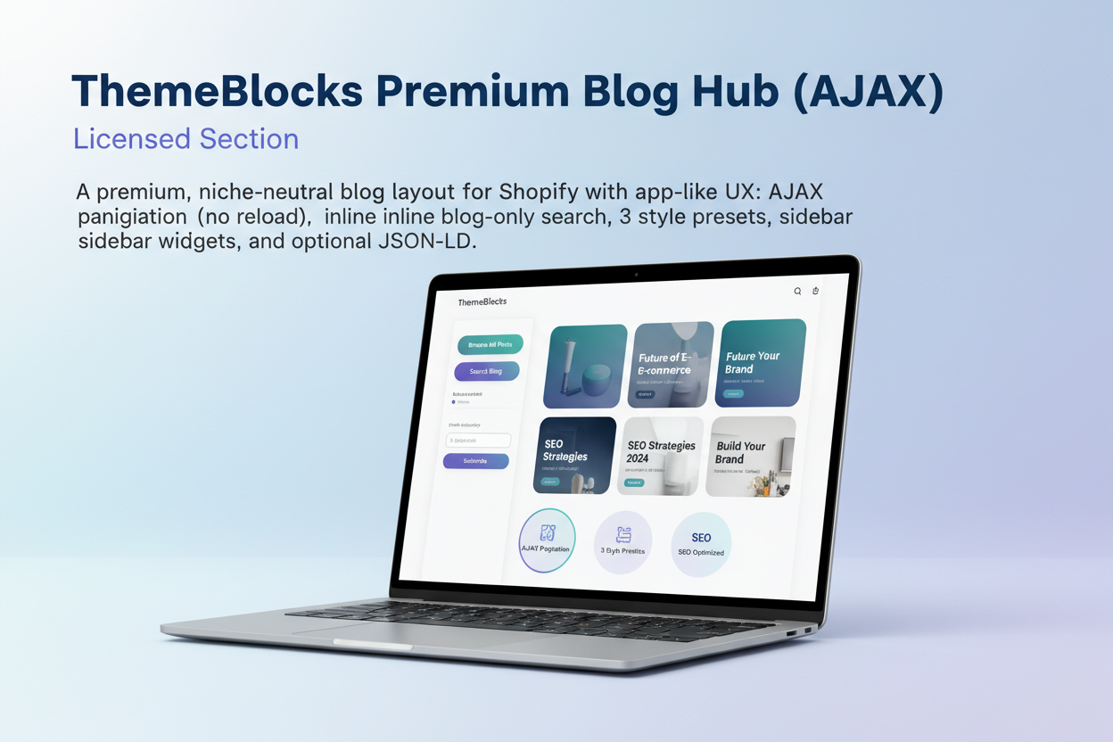 looks nice, but improve it a bit. like adding the title and USP? Title:ThemeBlocks Premium Blog Hub (AJAX) — Licensed Section
USP ref:A premium, niche-neutral blog layout for Shopify with app-like UX: AJAX pagination (no reload), inline blog-only search, 3 style presets, sidebar widgets, and optional JSON-LD.
